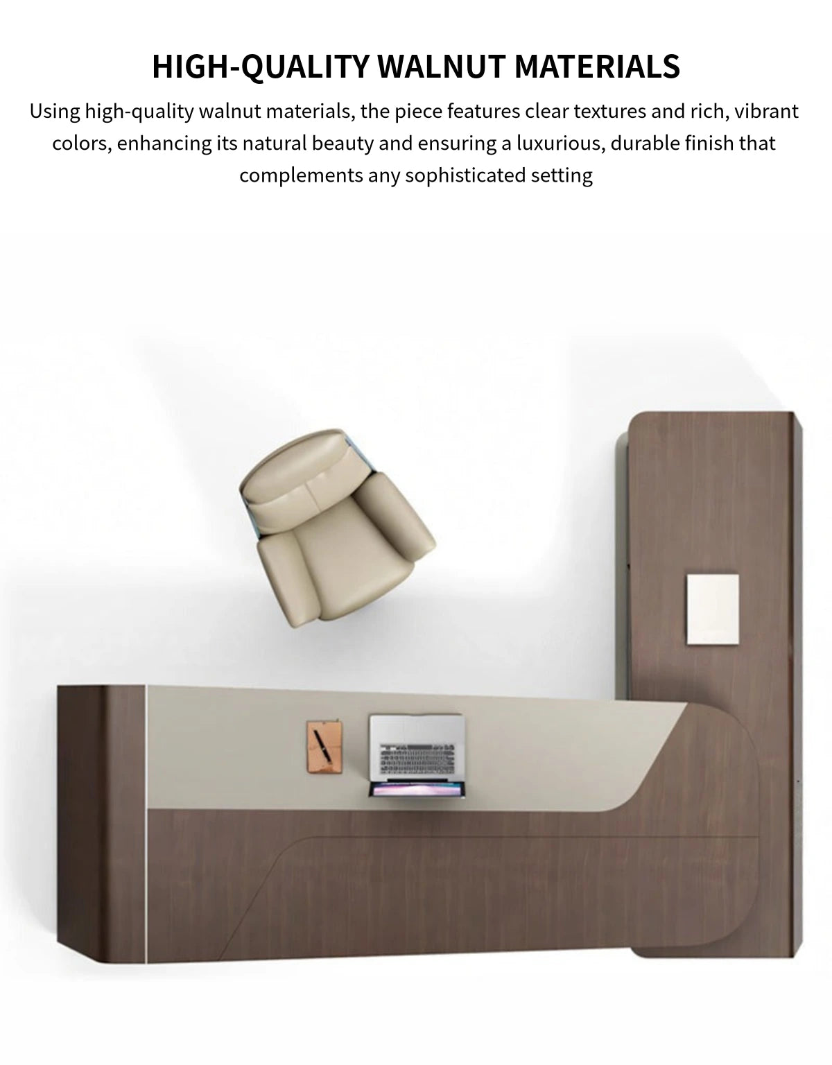 Modern Executive Desk 94-150 in Wide with Walnut, Curved & Side Storage for Home Office — Detail image 4