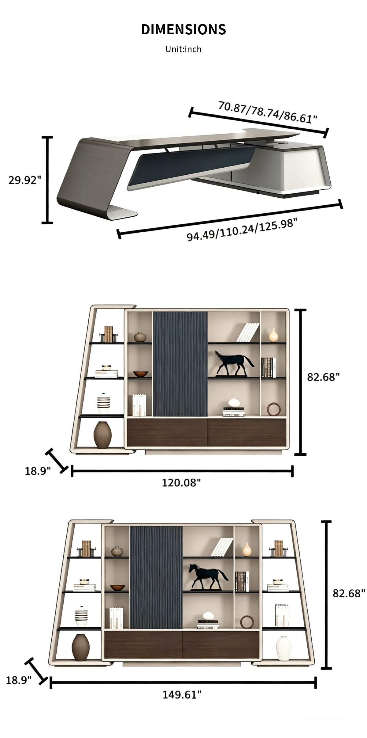 Modern Executive Desk 94-150 in Wide with Walnut, Curved & Side Storage for Home Office — Detail image 10