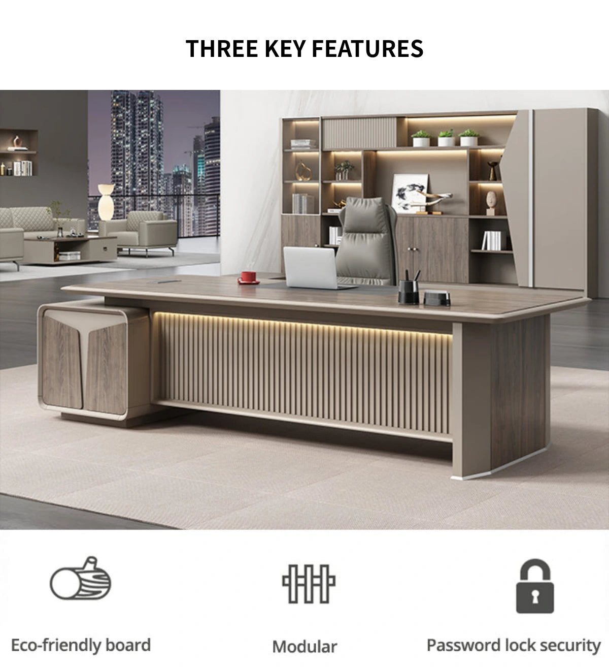 Modern Executive Desk with Curved, Cable Management & Side Storage for Home Office — Detail image 3