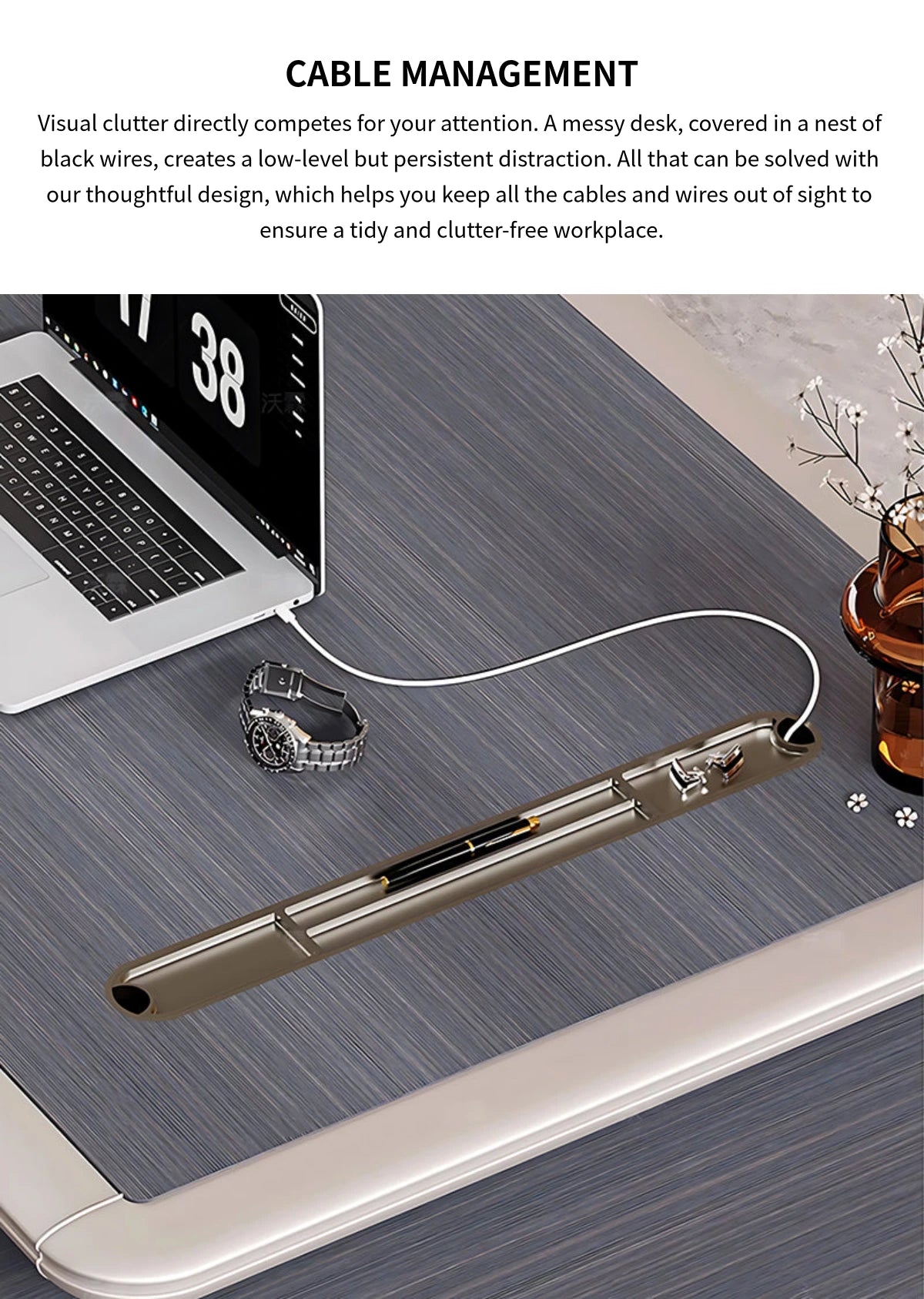 Modern Executive Desk with Side Storage, Curved & Cable Management for Home Office — Detail image 4
