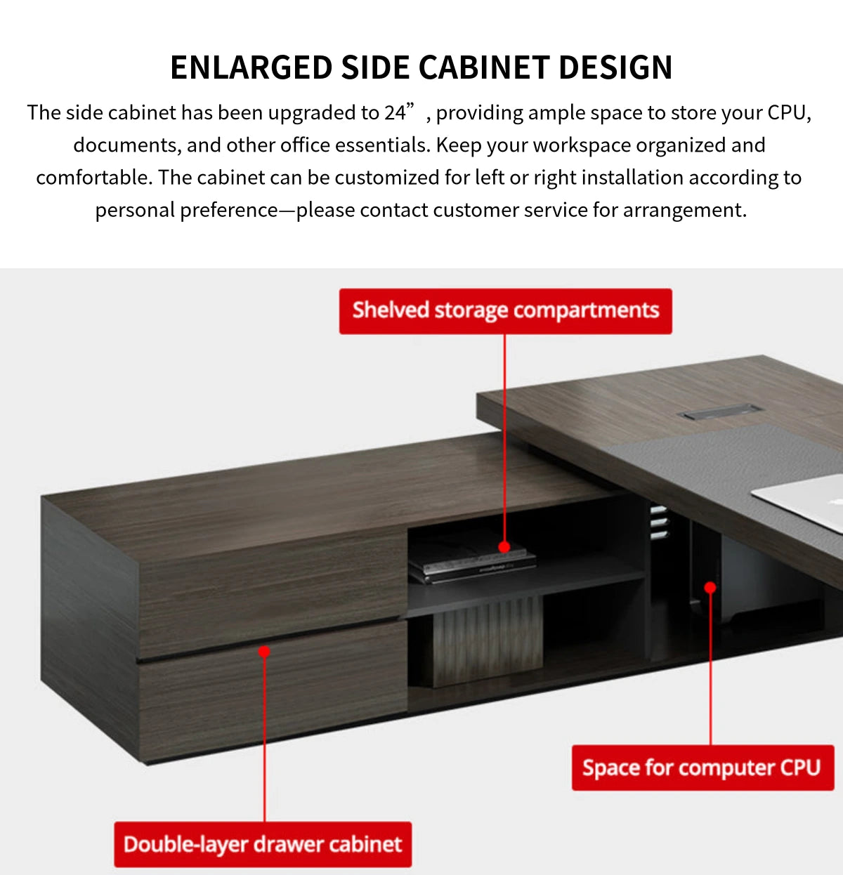 Modern Executive Desk with Cable Management, Side Storage & Walnut for Home Office — Detail image 9