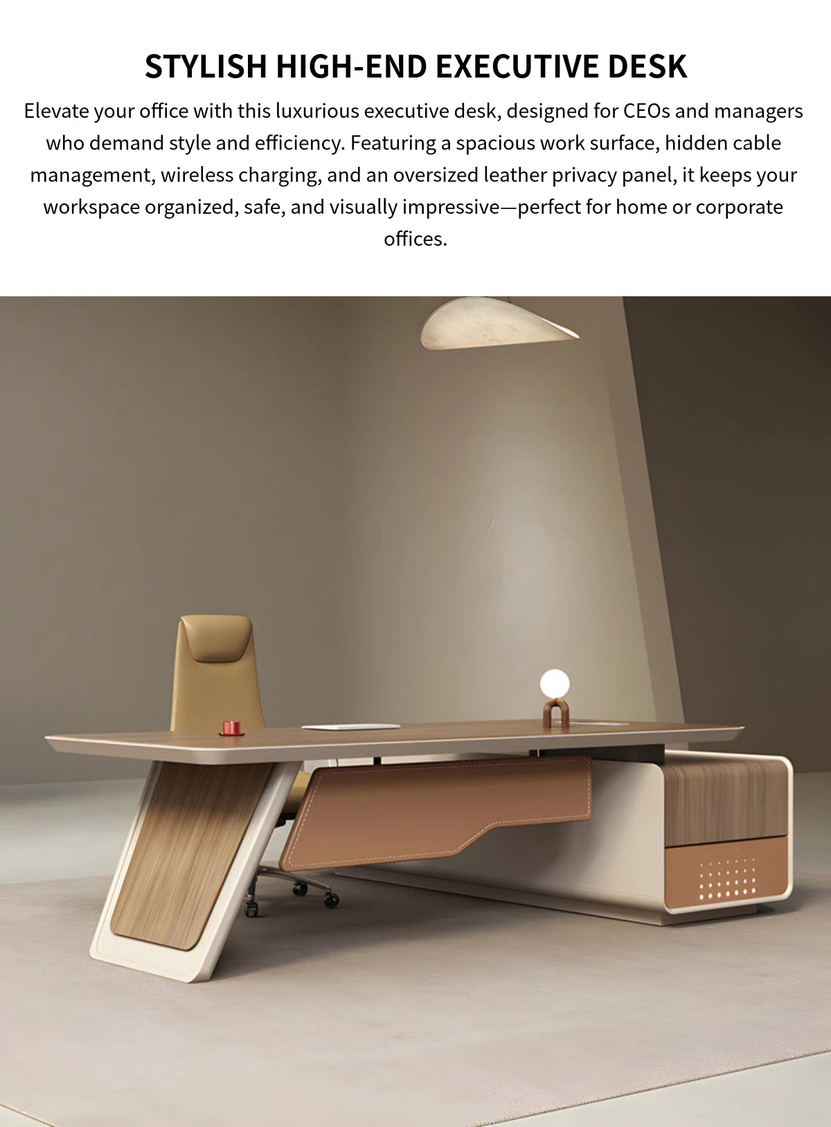 Modern Executive Desk with Cable Management, Wireless Charging & Curved for Home Office — Detail image 1