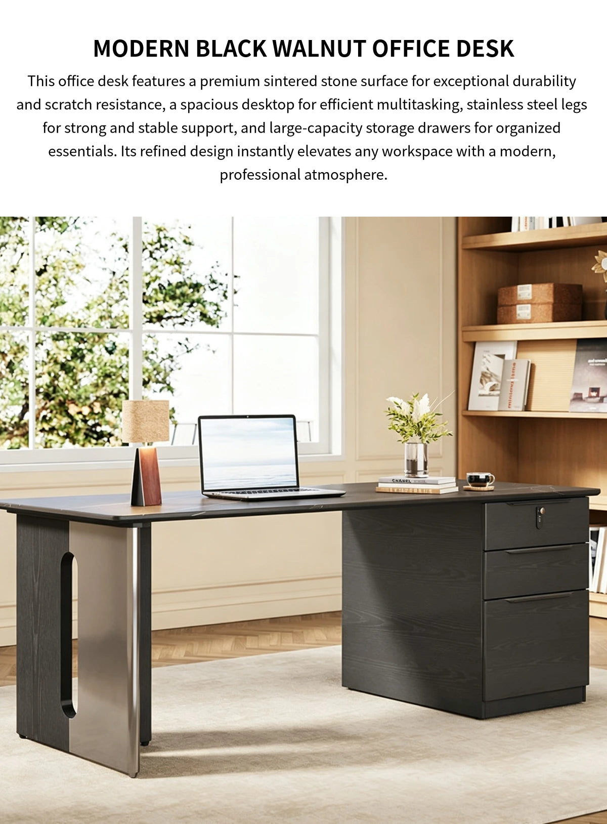 Modern Office Desk with File Drawers, Lockable & Stainless Steel for Home Office — Detail image 1
