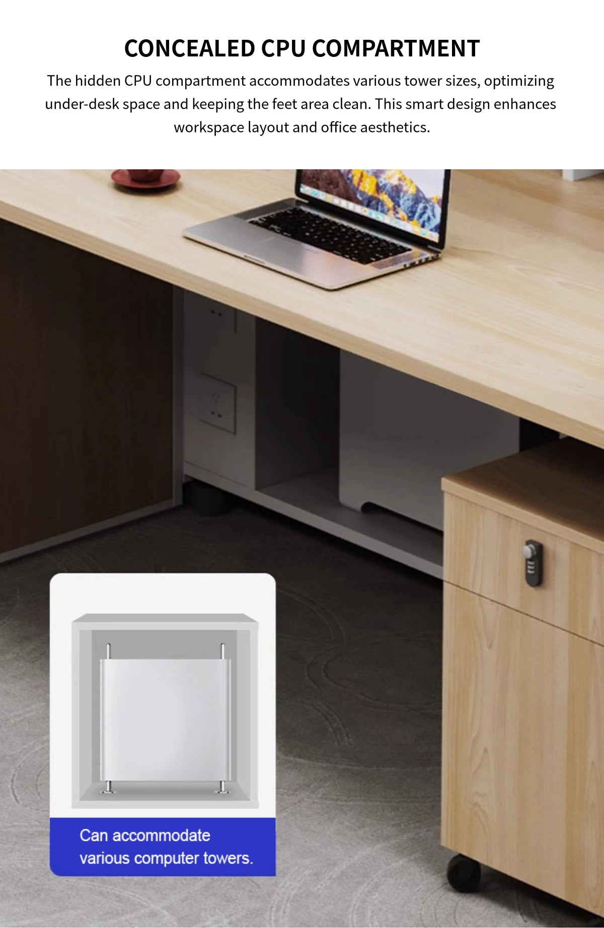 Office Workstation Desk with Lockable, Built-In Outlets & File Drawers for Home Office — Detail image 6