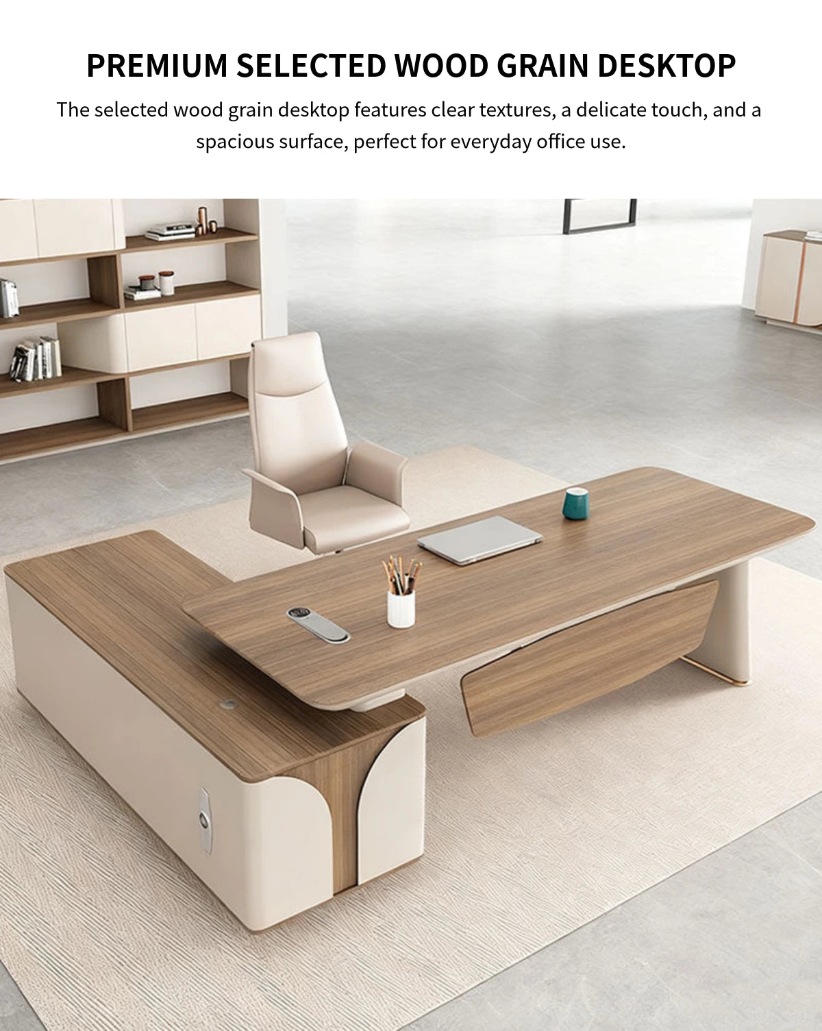 Modern Executive Desk with Curved, Built-In Outlets & Side Storage for Home Office — Detail image 3