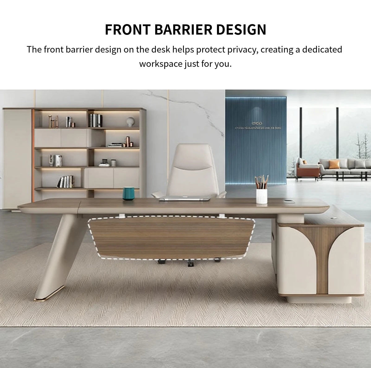 Modern Executive Desk with Curved, Built-In Outlets & Side Storage for Home Office — Detail image 6