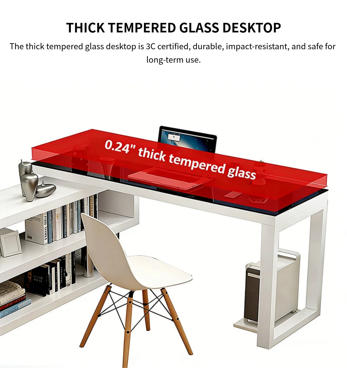 Modern Office Desk with Side Storage, Glass Top & Lumbar Support for Home Office — Detail image 8