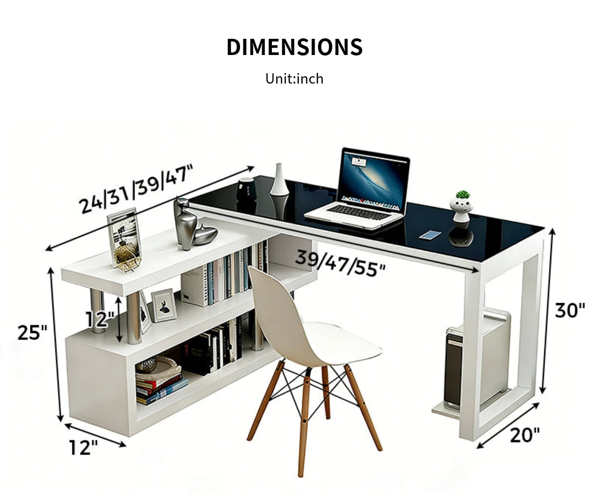 Modern Office Desk with Side Storage, Glass Top & Lumbar Support for Home Office — Detail image 13