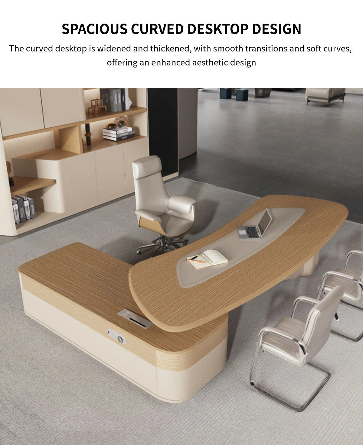 Modern Executive Desk with Curved, Cable Management & Side Storage for Home Office — Detail image 4