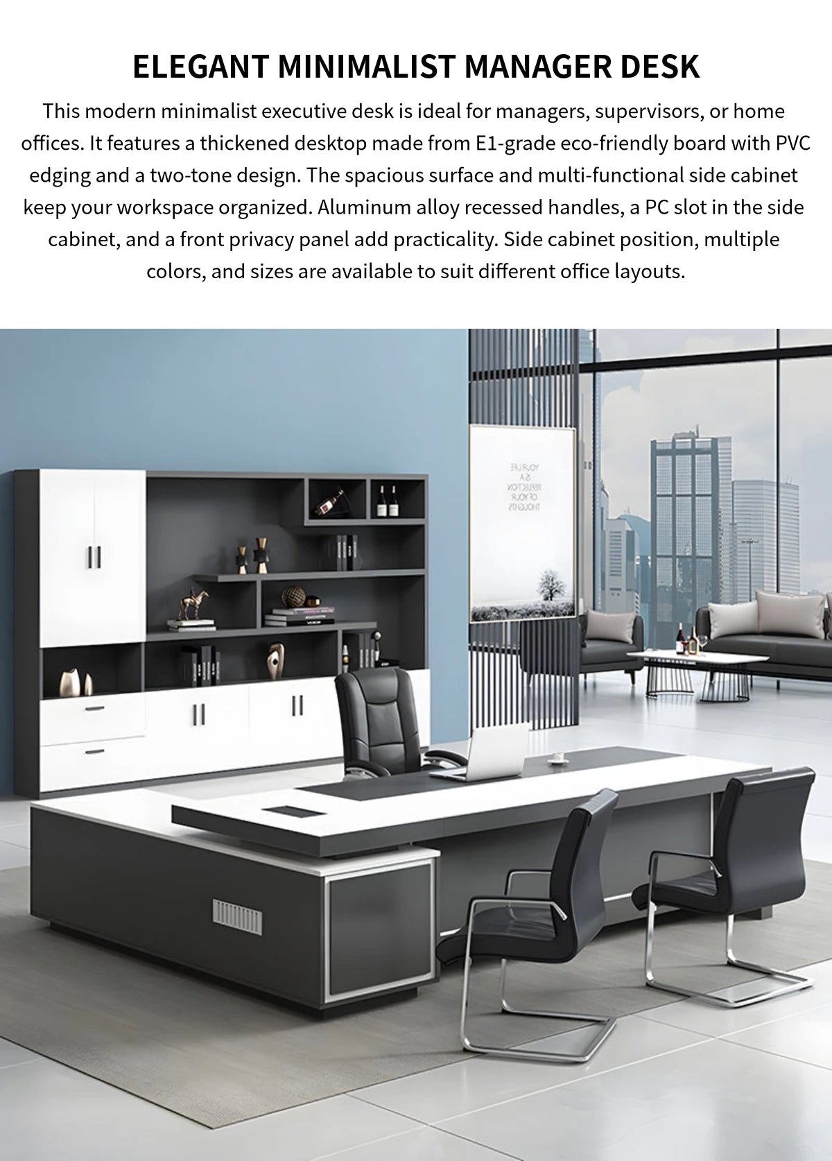 L-Shaped Executive Desk with Dual-Tone, Side Storage & File Drawers for Home Office — Detail image 1