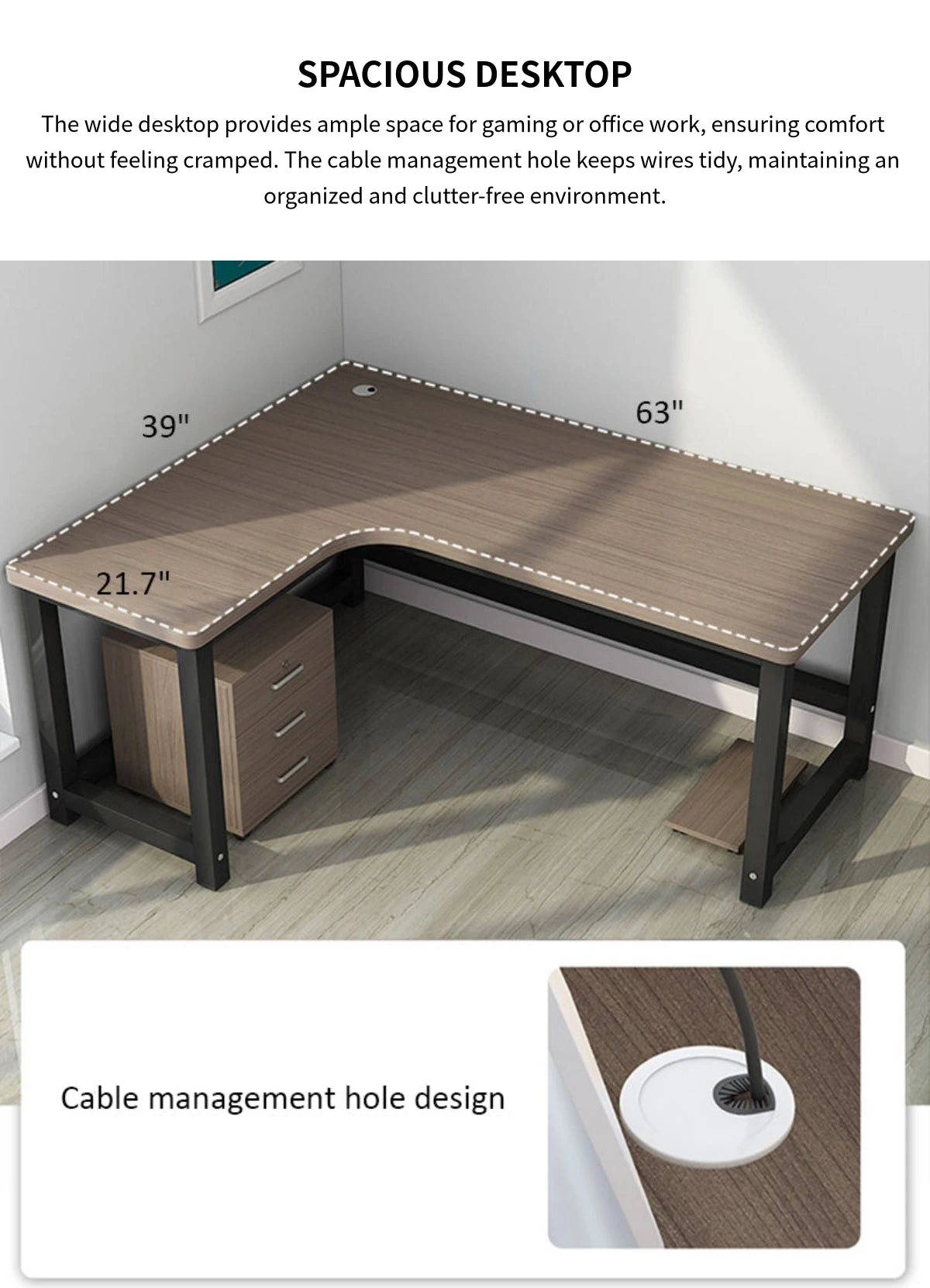 L-Shaped Office Desk 47-71 in Wide with Cable Management for Home Office — Detail image 4