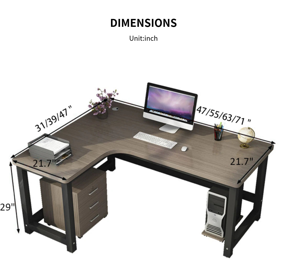 L-Shaped Office Desk 47-71 in Wide with Cable Management for Home Offi — Detail image 10
