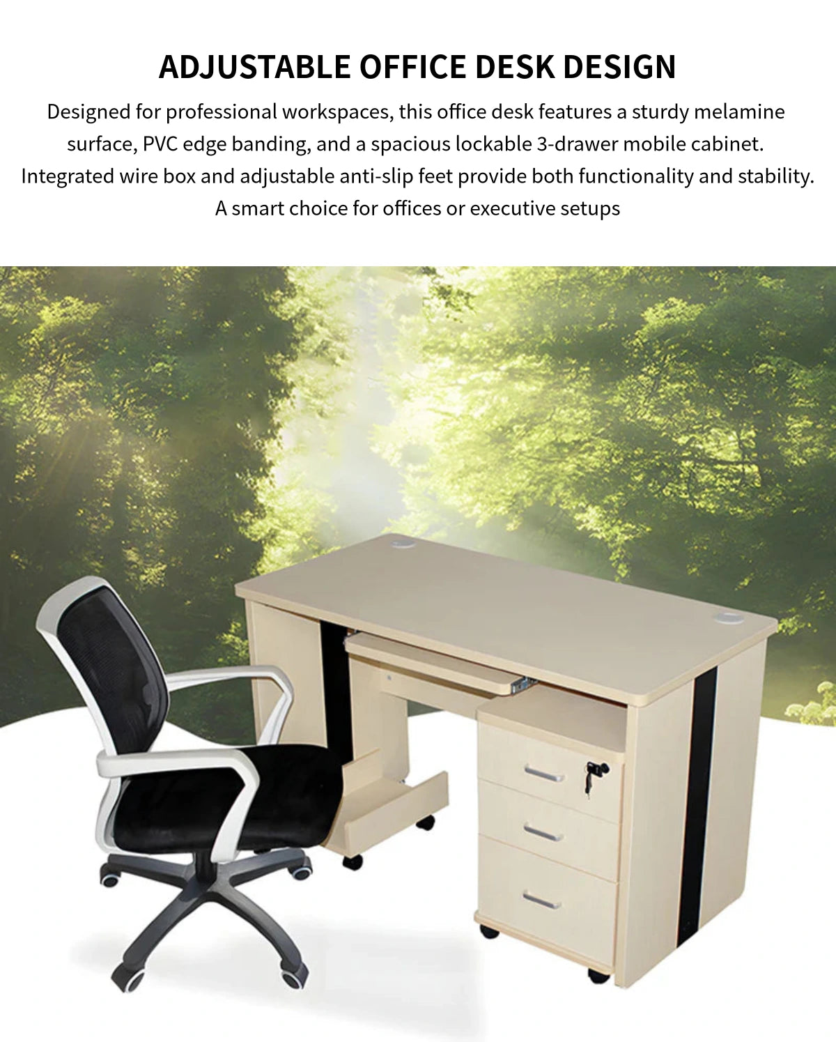 Office Workstation Desk with Cable Management, Lockable & Solid Wood for Home Office — Detail image 1