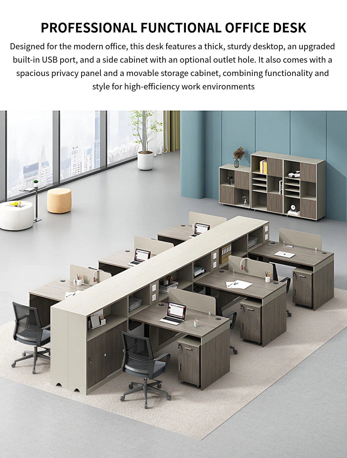 Office Workstation Desk with Built-In Outlets, Cable Management & Side Storage — Detail image 1