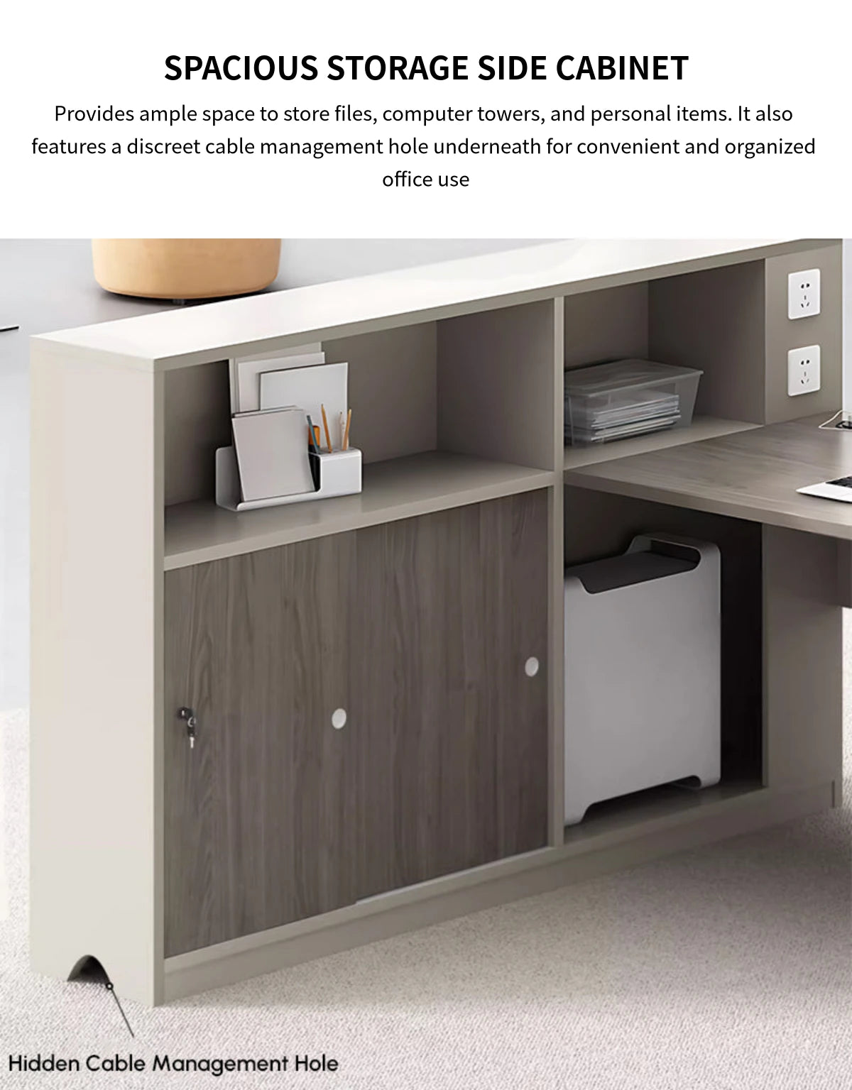 Office Workstation Desk with Built-In Outlets, Cable Management & Side Storage — Detail image 7