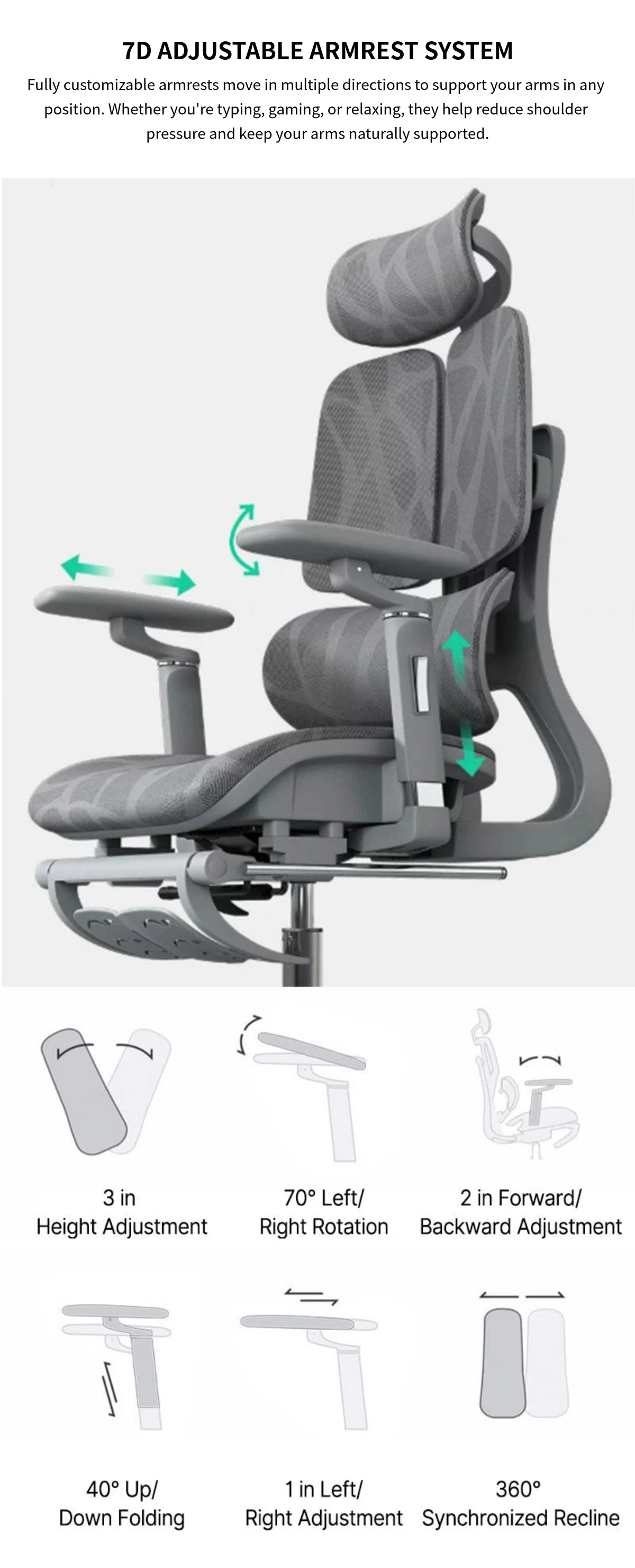 Comfortable Ergonomic Mesh Office Chair with Adaptive Lumbar Support, 135° Recline, and Footrest for Home, Office, and Gaming BGY-1034 — Detail image 7