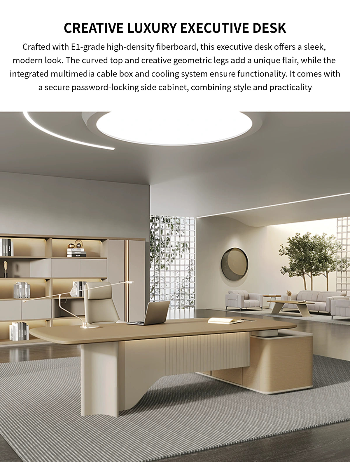 Modern Executive Desk with Curved, Cable Management & Side Storage for Home Office — Detail image 1