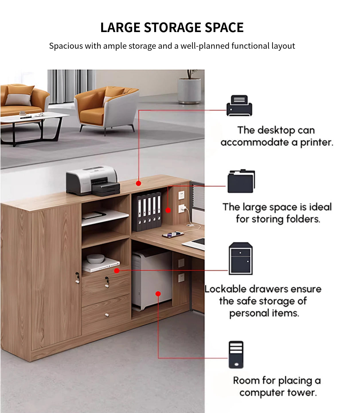 Modern Office Desk with Cable Management, Lockable & File Drawers for Home Office — Detail image 5