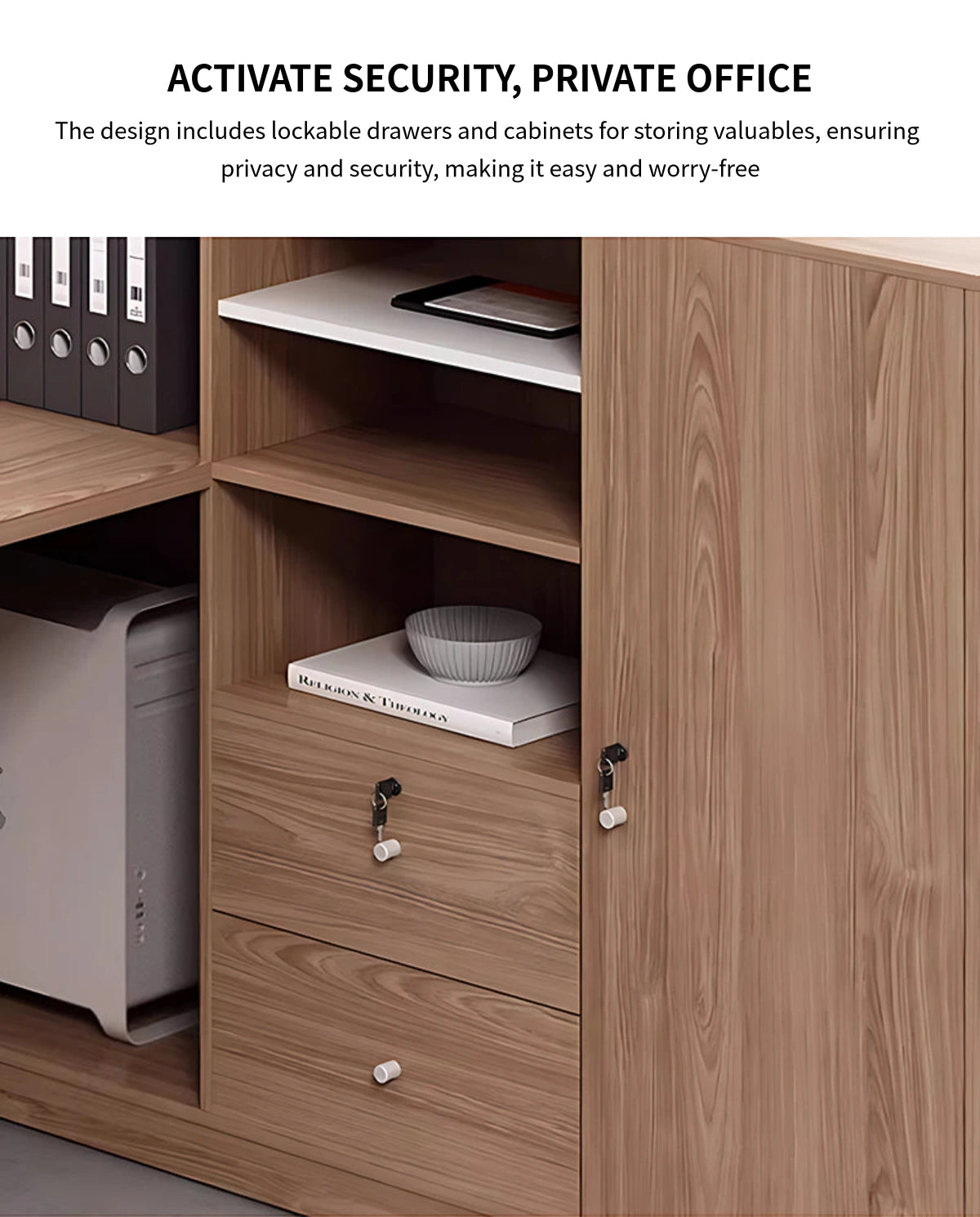 Modern Office Desk with Cable Management, Lockable & File Drawers for Home Office — Detail image 6