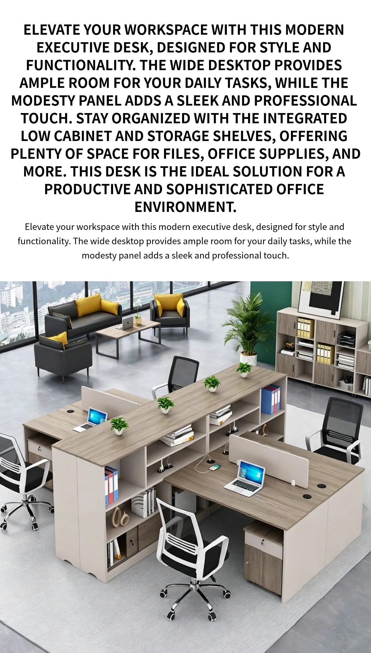 Modern Executive Desk 59-67 in Wide with Cable Management & Side Storage for Home Office — Detail image 1