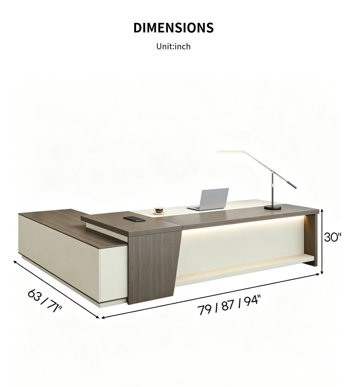 L-Shaped Executive Desk with LED Lighting, Side Storage & Cable Management for Home Office — Detail image 7