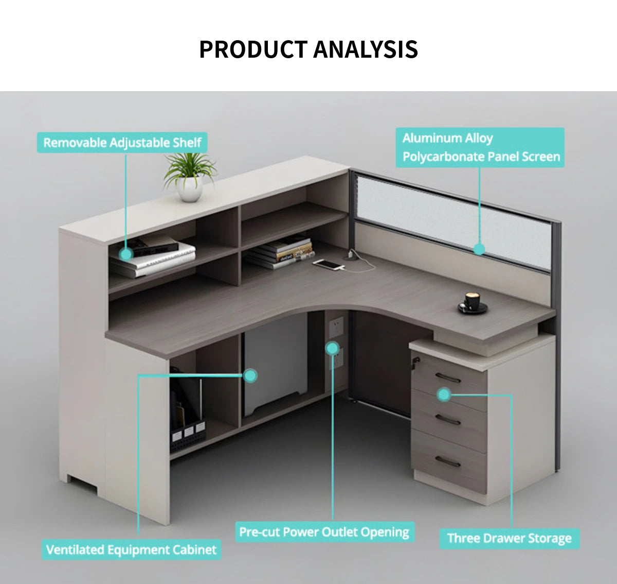L-Shaped Office Desk with Built-In Outlets, Cable Management & Glass Top for Home Office — Detail image 2