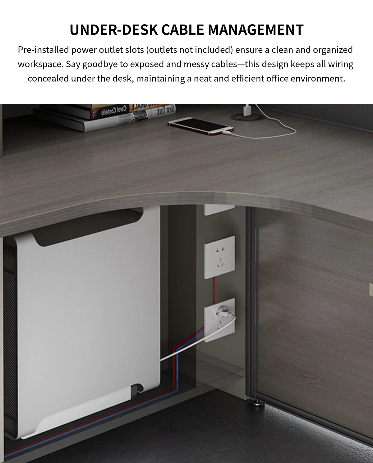 L-Shaped Office Desk with Built-In Outlets, Cable Management & Glass Top for Home Office — Detail image 5