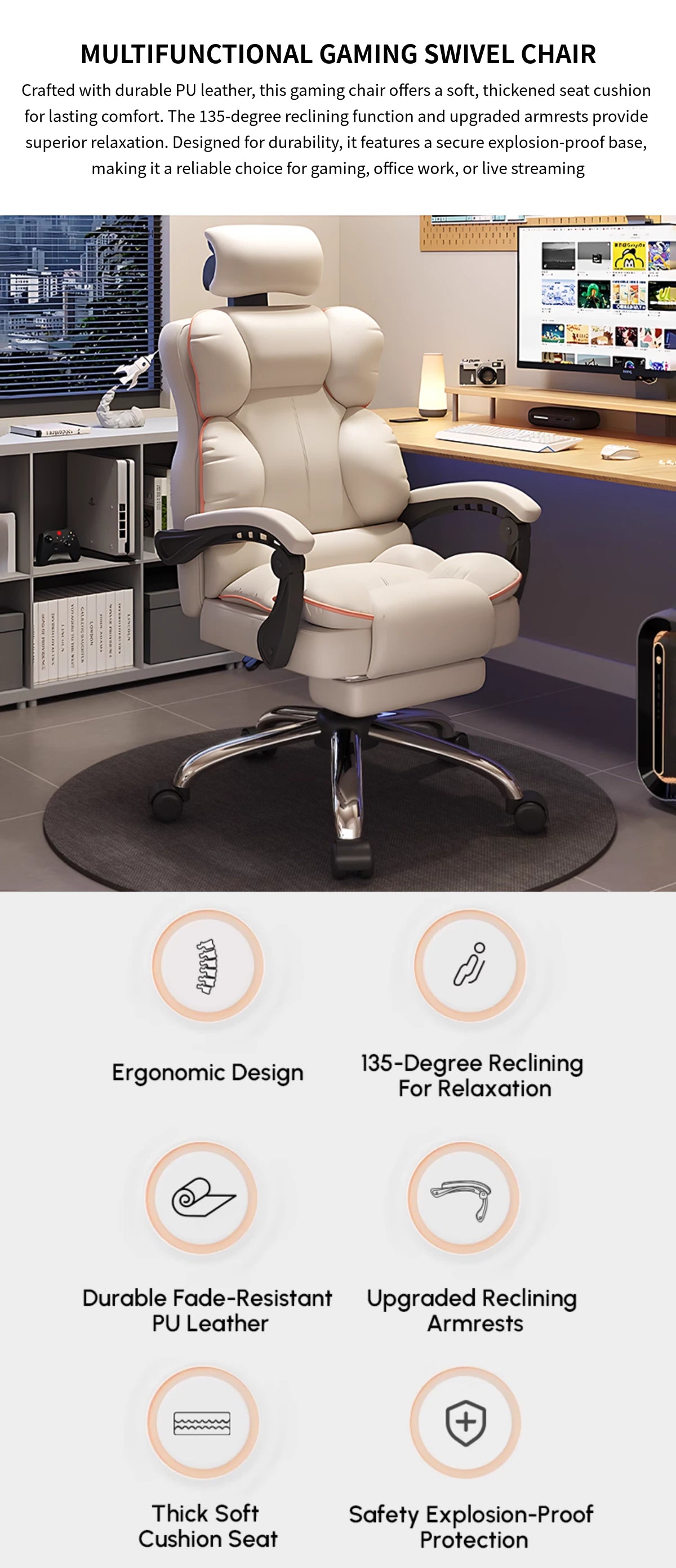 Gaming Office Chair with Reclining, Lumbar Support & Portable for Gaming Setup — Detail image 1