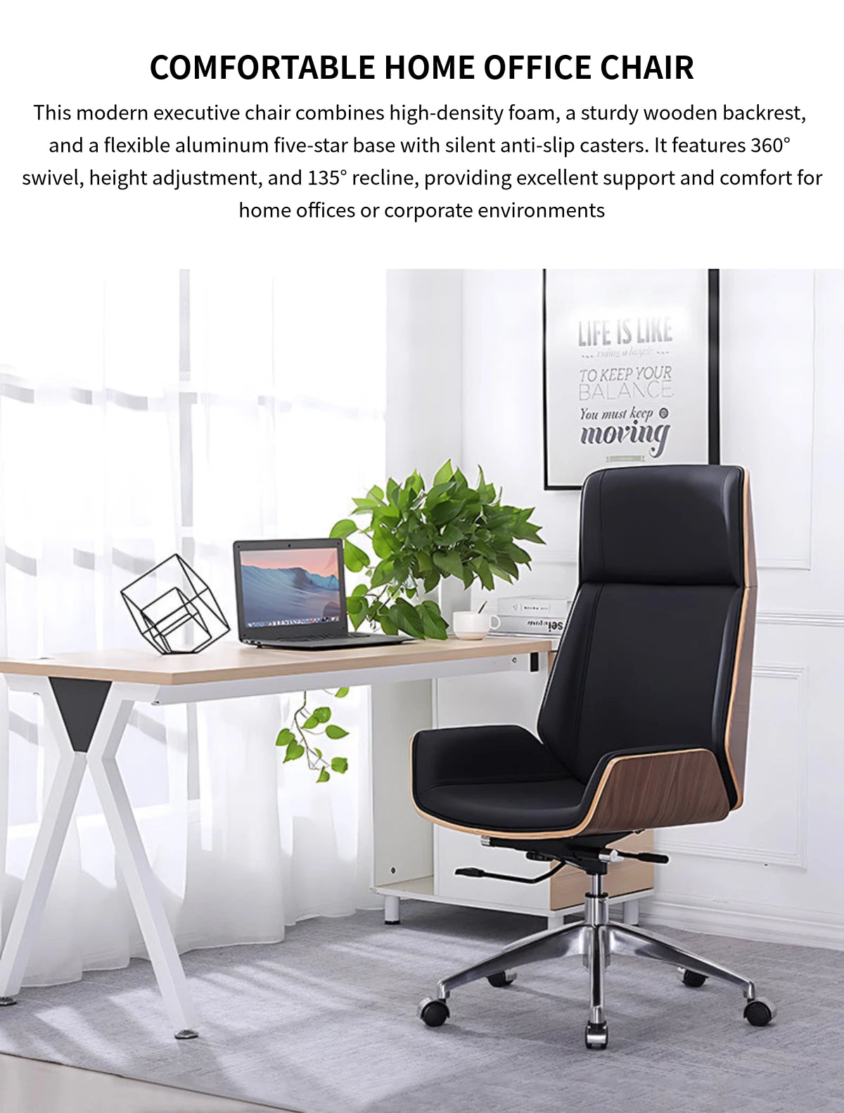 Leather Executive Office Chair with Genuine Leather, Solid Wood & Lumbar Support — Detail image 1