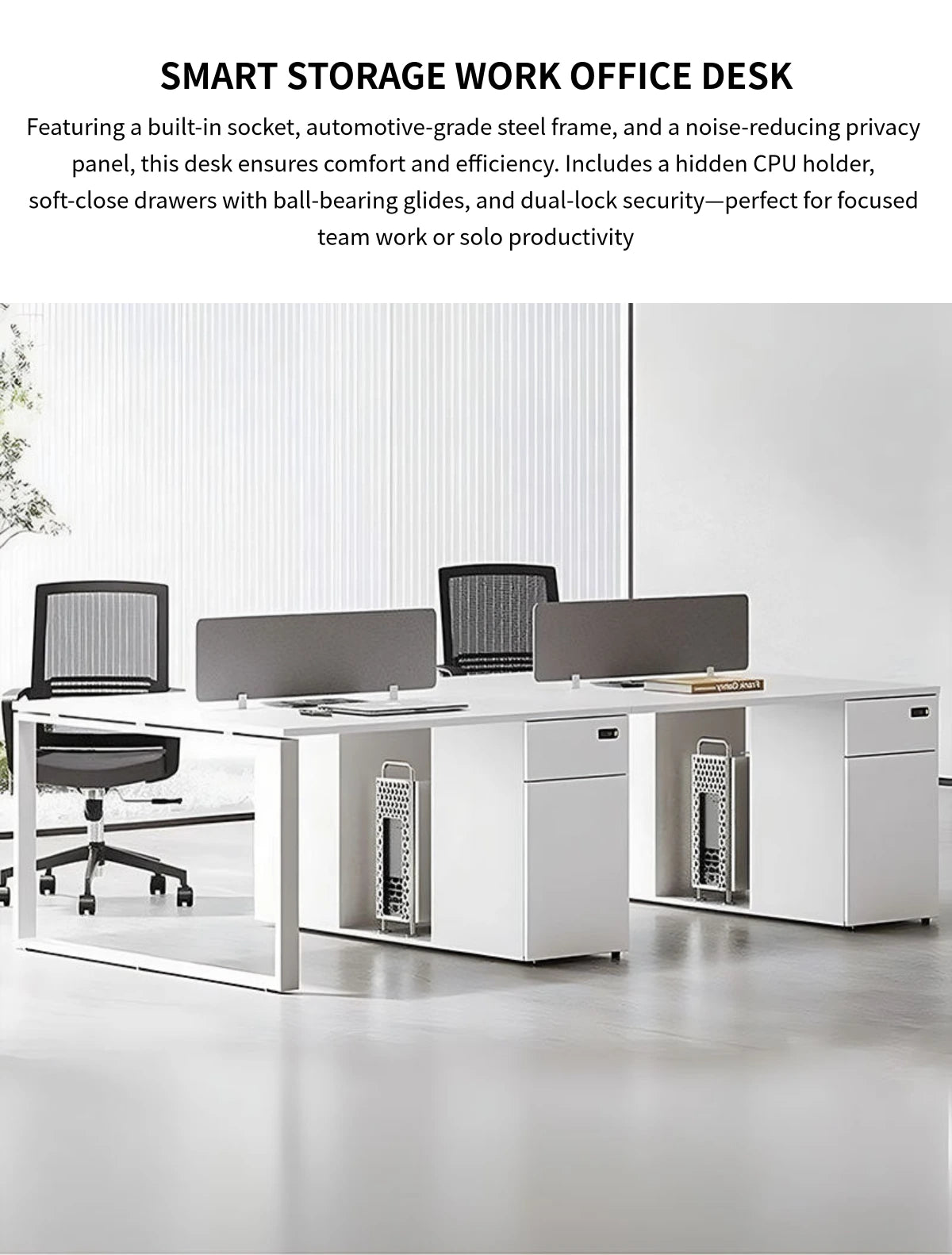 Office Workstation Desk with Built-In Outlets, Cable Management & File Drawers — Detail image 1