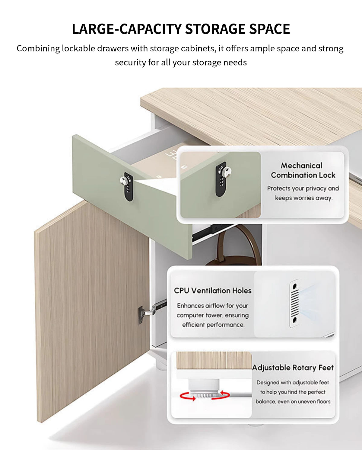 Modern Office Desk with Built-In Outlets, Cable Management & Lockable for Home Office — Detail image 9