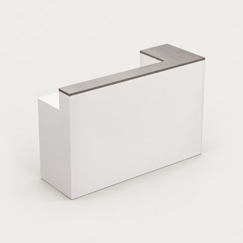 L-Shaped Reception Desk with Keyboard Tray, Cable Management & Lockable for Salon - 47"L x 18" W x 39" H / Gray + White / Inside View Left Corner