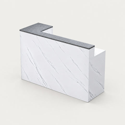 L-Shaped Reception Desk with Keyboard Tray, Cable Management & Lockable for Salon - 71"L x 18" W x 39" H / Gray + Marble / Inside View Right Corner