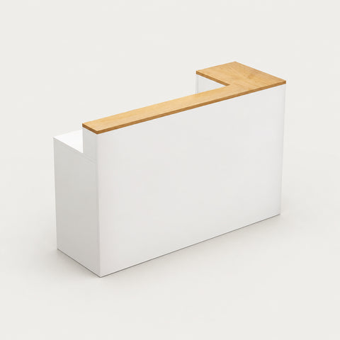 L-Shaped Reception Desk with Keyboard Tray, Cable Management & Lockable for Salon - 39"L x 18" W x 39" H / Natural + White / Inside View Left Corner