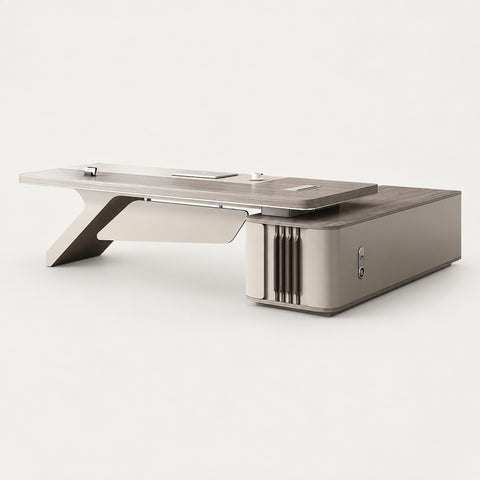 L-Shaped Executive Desk with Cable Management, Built-In Outlets & Side Storage - 87" L x 63" W x 30" H / Khaki / Desk / Side Cabinet on the Left