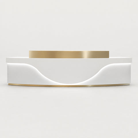 Curved Reception Desk with LED Lighting, Stainless Steel & File Drawers for Hotel Lobby - 150" L x 24" W x 39" H / White + Gold