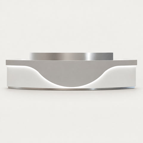 Curved Reception Desk with LED Lighting, Stainless Steel & File Drawers for Hotel Lobby - 150" L x 24" W x 39" H / Gray + Silver