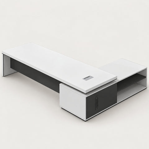 Modern Executive Desk with Cable Management & Lumbar Support for Home Office - 79" L×63" W×30" H/With cabinet and chair / Long Cabinet on the Left（Viewed from inside） / White