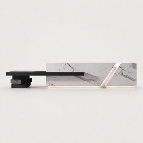 Modern Reception Desk with Keyboard Tray, Lockable & File Drawers for Office Lobby - 87" L x 24" W x 39" H / Black + White Marble