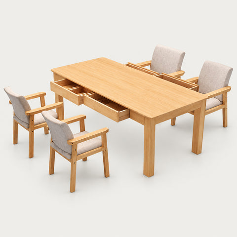 Modern Conference Table 63-71 in Wide (5.2-5.9 ft) with Solid Wood & File Drawers - 63" L x 31" W x 30" H / Natural + Chairs*4