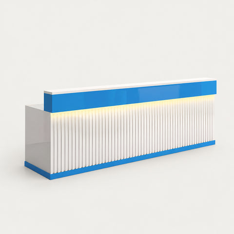 Retail Reception Desk 47-79 in Wide with Cable Management, LED Lighting & Keyboard Tray - 47" L x 24" W x 39" H / White + Blue
