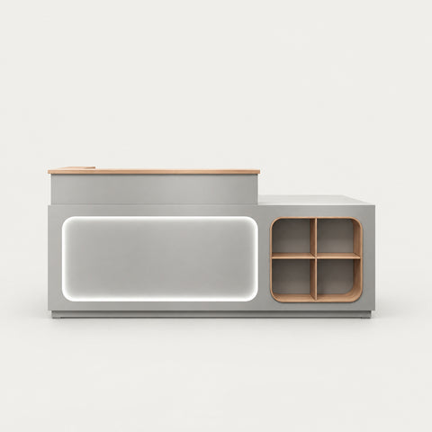 Curved Reception Desk 39-94 in Wide with LED Lighting, Keyboard Tray & Cable Management - 47" L x 20" W x 39" H / Gray / I-shape/Inside View - Right Side Higher