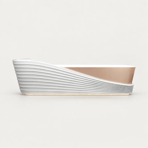 Boat-Shaped Reception Desk with Stainless Steel & Lumbar Support for Salon - 126"L x 24" W x 39" H / White + Rose Gold Stainless Steel