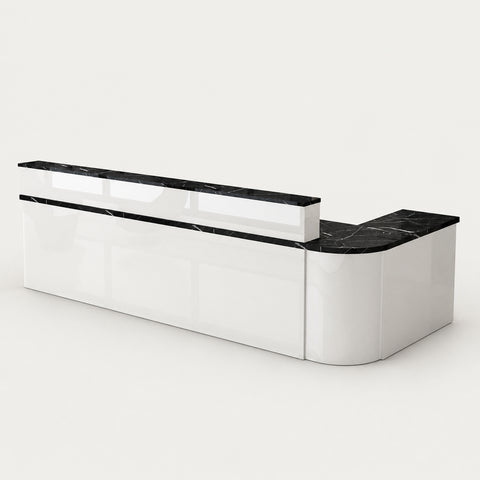 L-Shaped Reception Desk 59-102 in Wide with Lockable, File Drawers & Transaction Counter - 102" L x 24" W x 39" H / White + Black Stone / Rounded Corner on the Left
