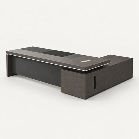 Modern Executive Desk with Cable Management, Side Storage & Lumbar Support for Home Office - 63" L x 63" W x 30" H / Gray Oak / Desk / Side Cabinet on the Left