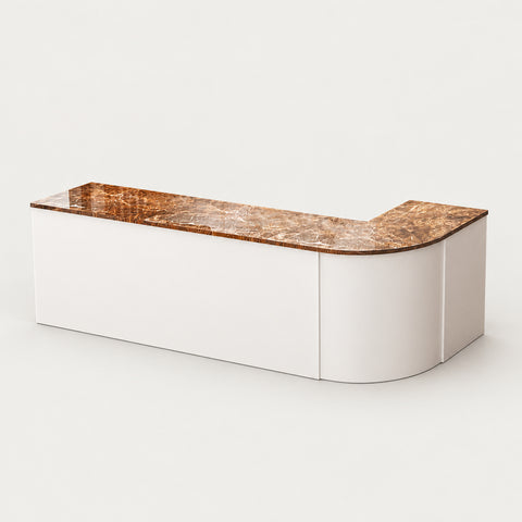 L-Shaped Reception Desk 79-142 in Wide with Keyboard Tray, Lockable & Lumbar Support - 134" L x 24" W x 31" H / Brown