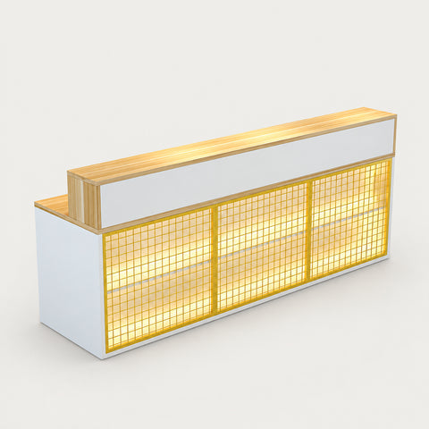 Retail Reception Desk with Solid Wood & Lumbar Support for Retail - 110" L×24" W×39" H / Golden + White