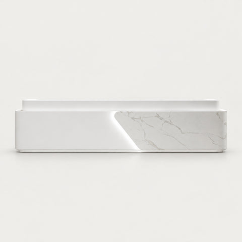 Salon Reception Desk 71-142 in Wide with Dual-Tone & LED Lighting for Salon - 110" L x 24" W x 39" H / White + White Marble