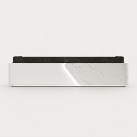 Salon Reception Desk 71-142 in Wide with Dual-Tone & LED Lighting for Salon - 126" L x 24" W x 39" H / Black + White Marble