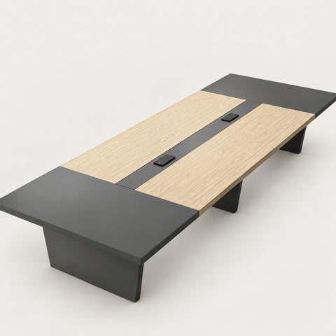 Modern Conference Table with Dual-Tone, Cable Management & Lumbar Support for Meeting Room - 138" L x 59" W x 30" H / Oak + Gray